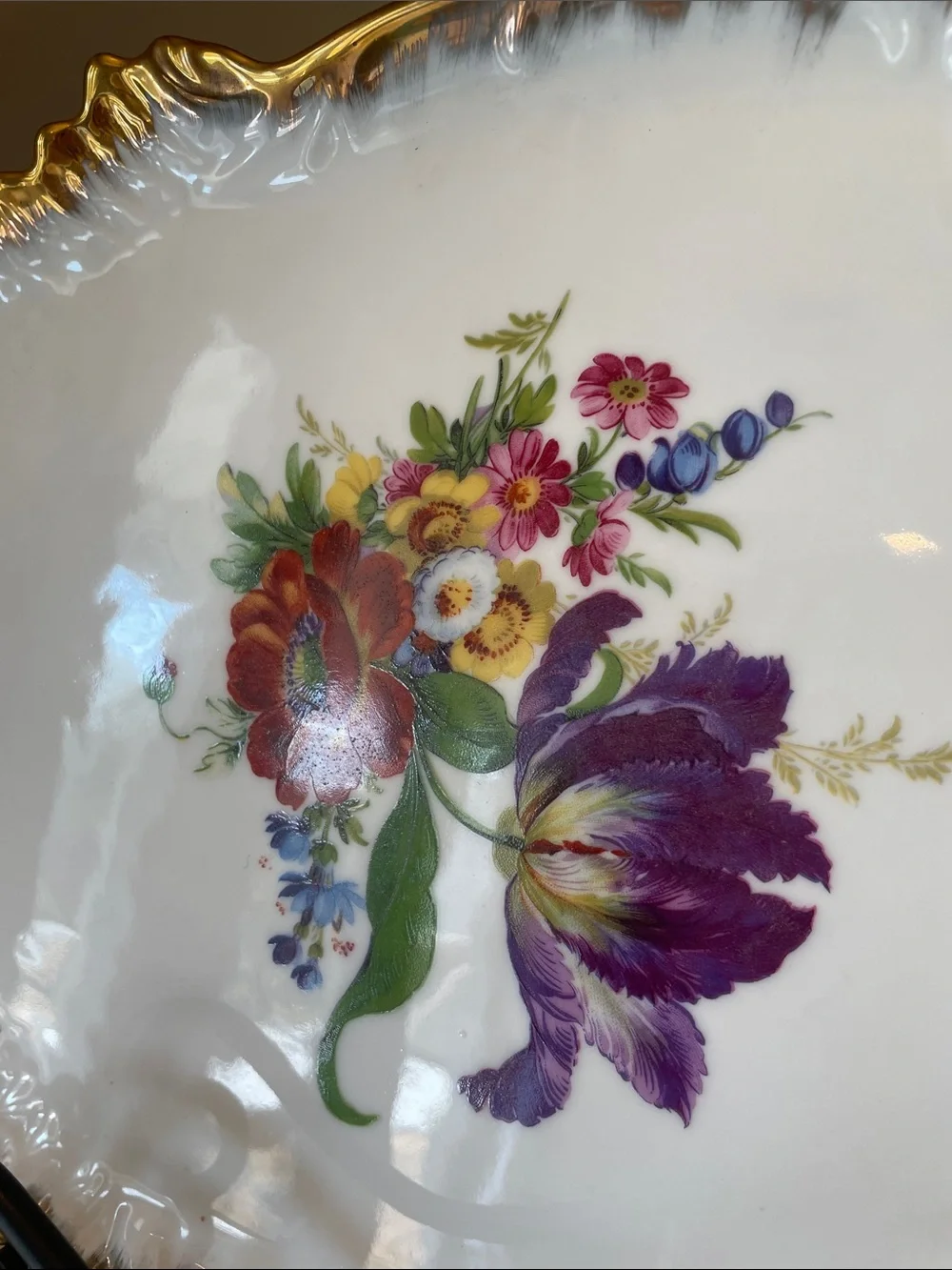 White Porcelain Floral Serving Platter with Gold Trim